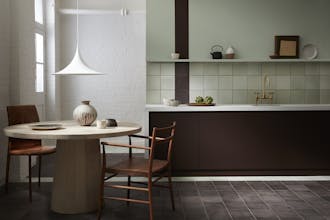 Kitchen featuring Aquamarine walls and tiles, as well as cupboards painted in dark purple (Purple Bown).