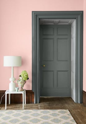 Doorway entrance with a grey green (Livid) painted door and doorframe with a contrasting pale pink (Confetti) wall.